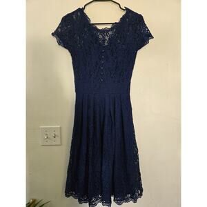 Stretchy Navy Blue Lace Dress Women's Small Short Sleeve Floral Lace Cocktail P